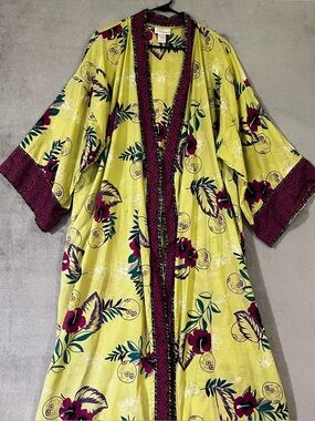Soft Surroundings Long Kimono Duster Citron Green Womens M Cotton Boho Floral